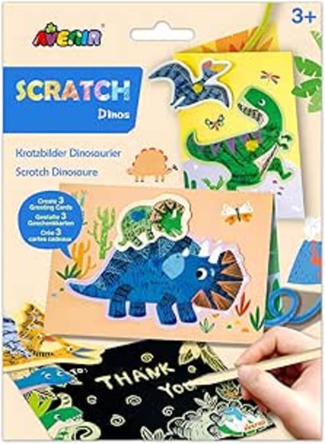 Avenir Scratch - Dinos | Arts & Crafts, Greeting Cards Set | Make Beautiful Greetings Cards | Scratch Art 3+